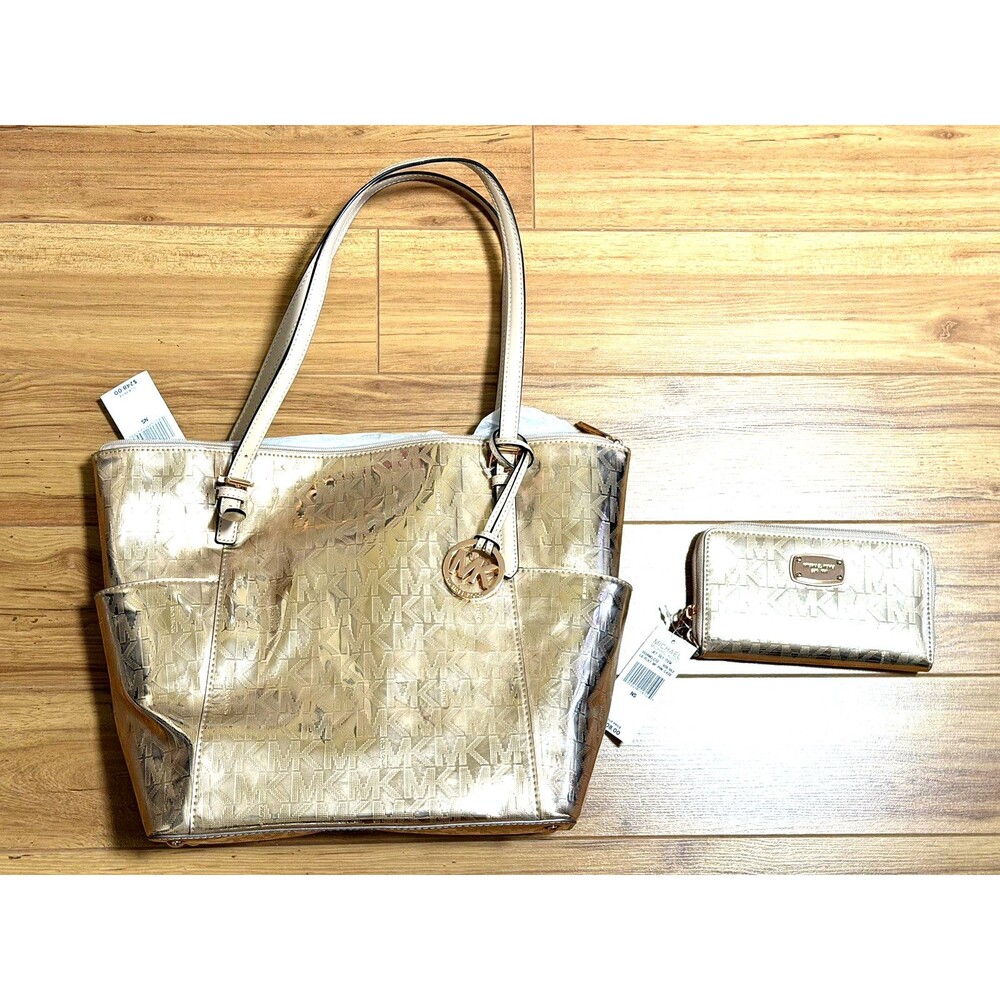 NWT Michael Kors Metallic Rose Gold MK Logo Tote Bag with Wallet $356 Jet Set